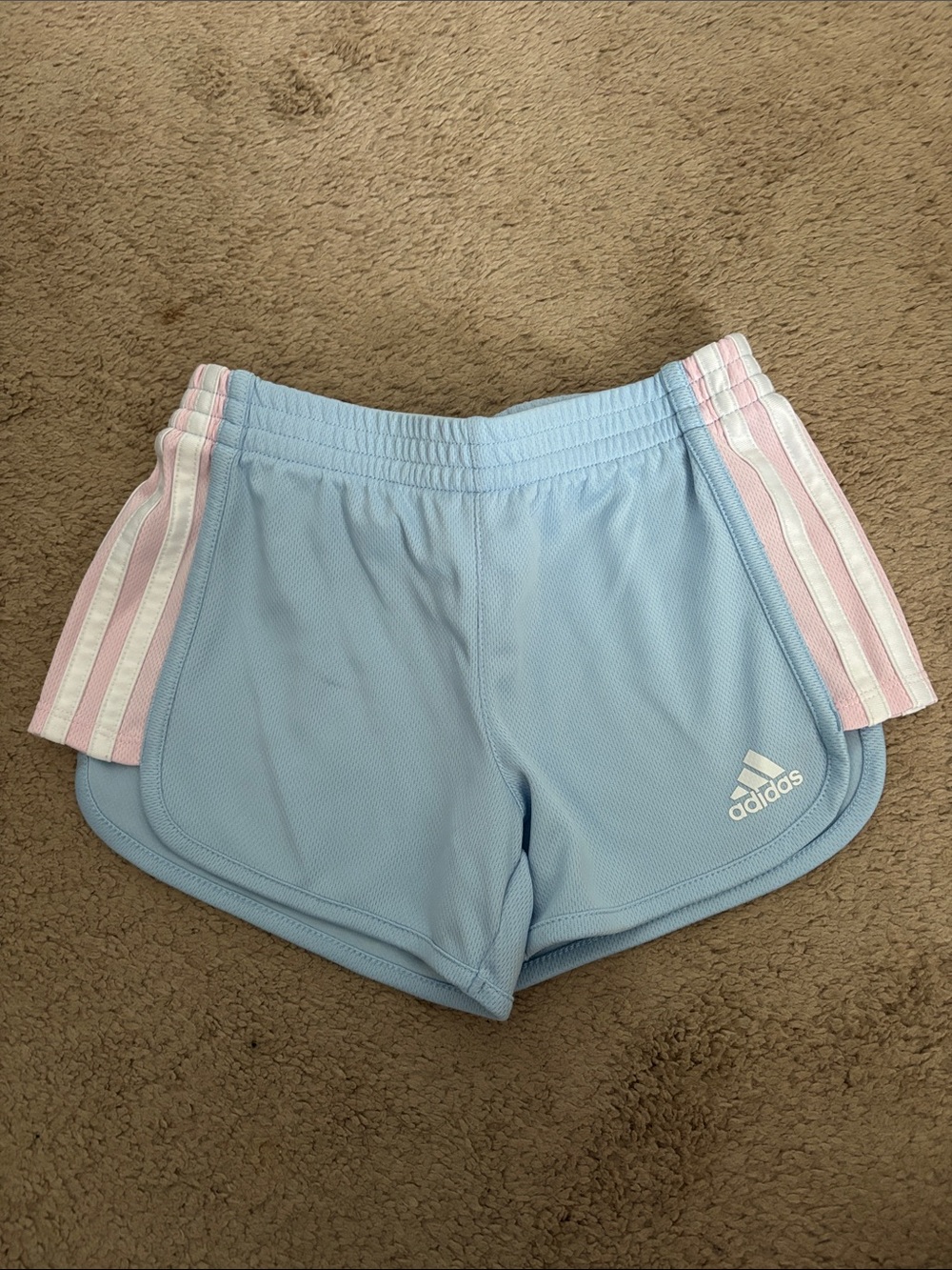 adidas Women's Pastel Blue Athletic Shorts with Light Pink Stripes